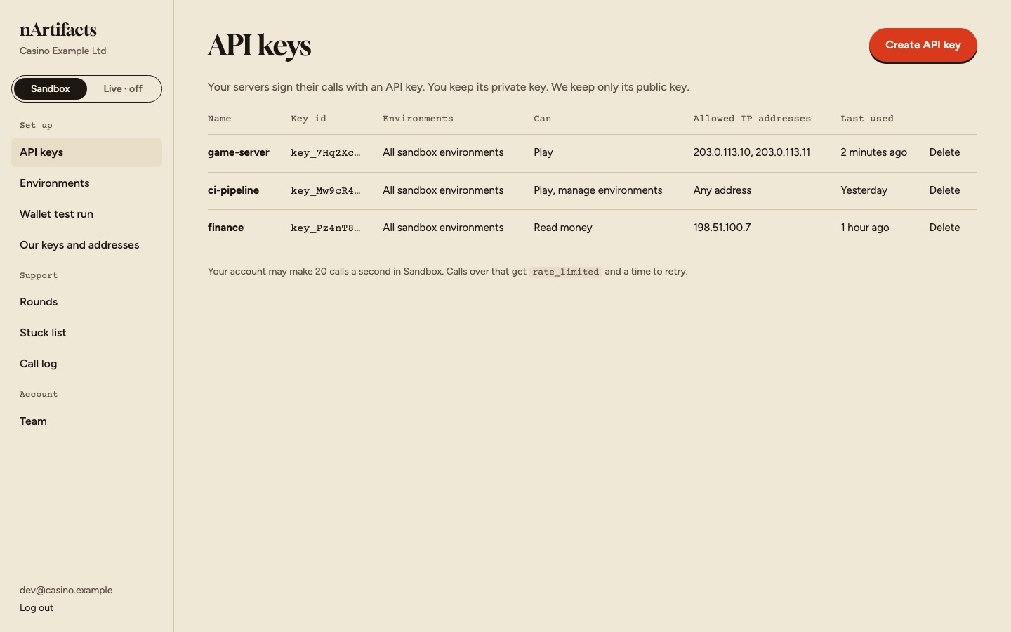 The API keys screen: each key with its environments, what it can do and its IP addresses.