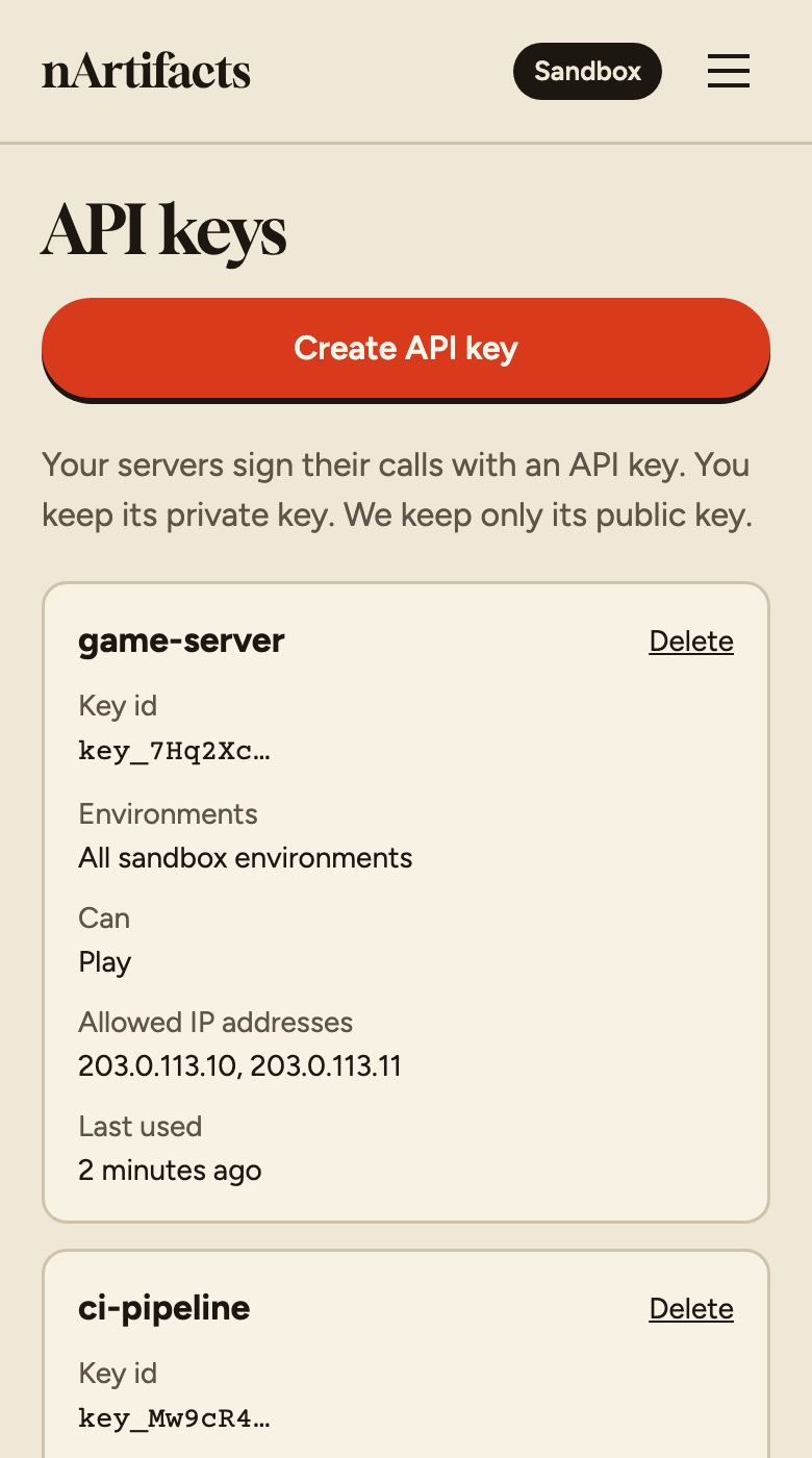 The API keys screen: each key with its environments, what it can do and its IP addresses.