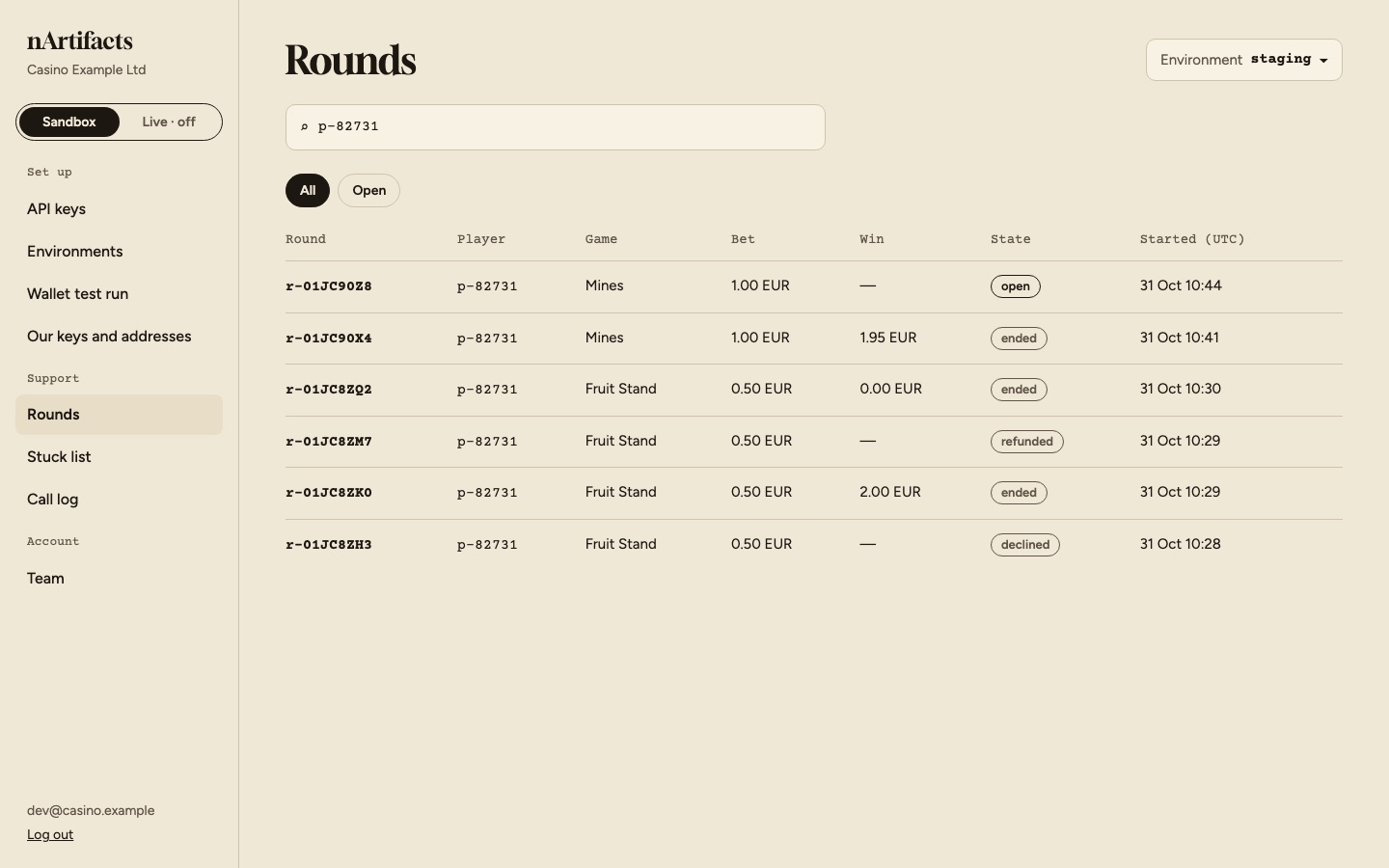 The rounds screen: a search box and a list of rounds with bet, win and state.