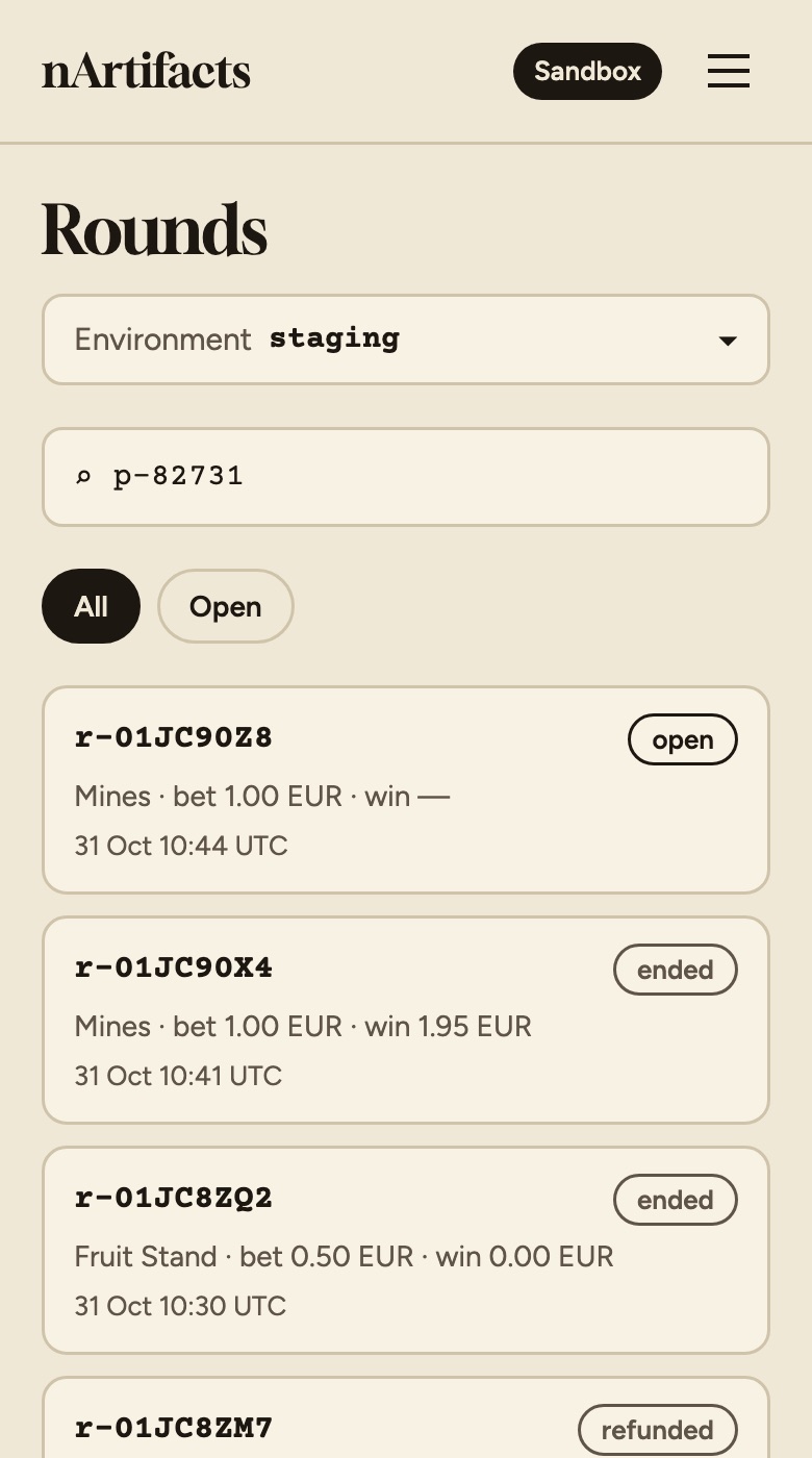 The rounds screen: a search box and a list of rounds with bet, win and state.