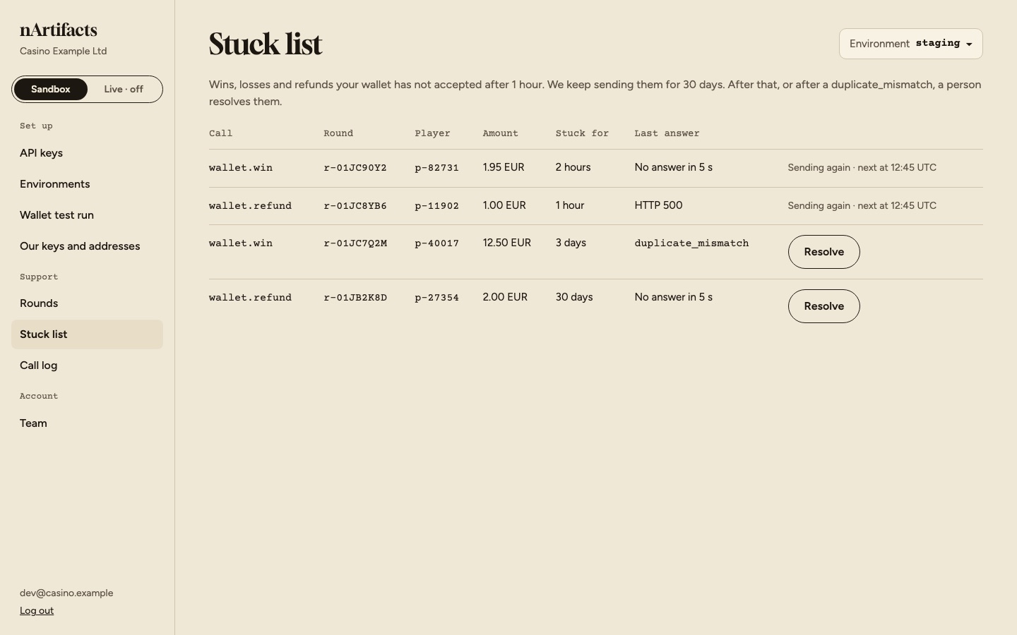The stuck list: wins and refunds your wallet has not accepted, with a Resolve button.
