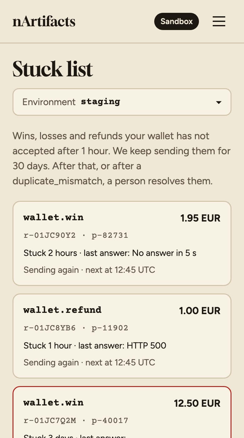 The stuck list: wins and refunds your wallet has not accepted, with a Resolve button.