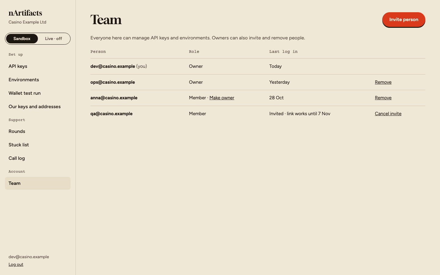 The team screen: owners and members, and an invite button.